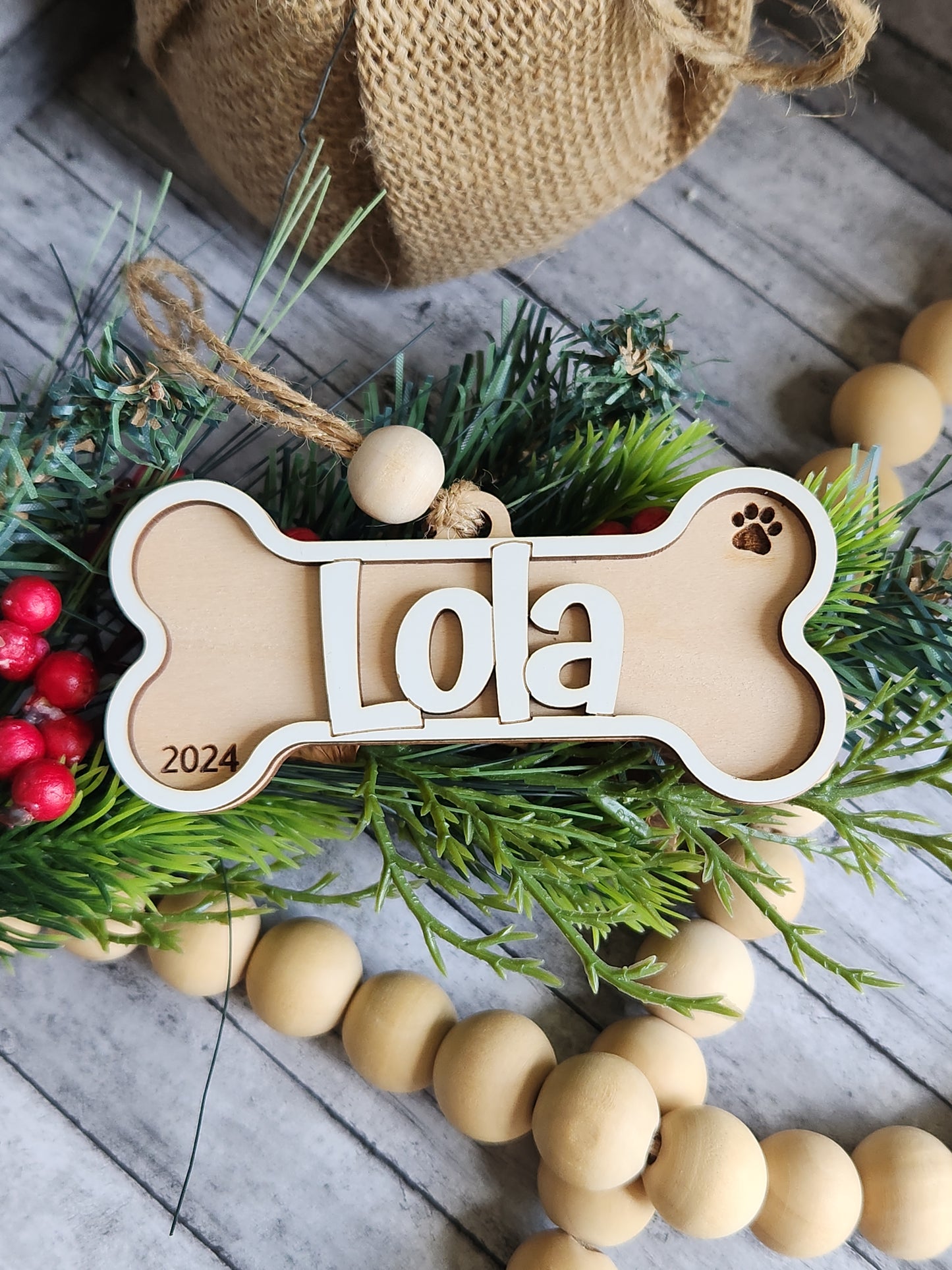 Personalized Dog Bone Christmas Ornament – Custom Pet Name with Year • Wooden Pet Keepsake • Dog Christmas Tree Decoration