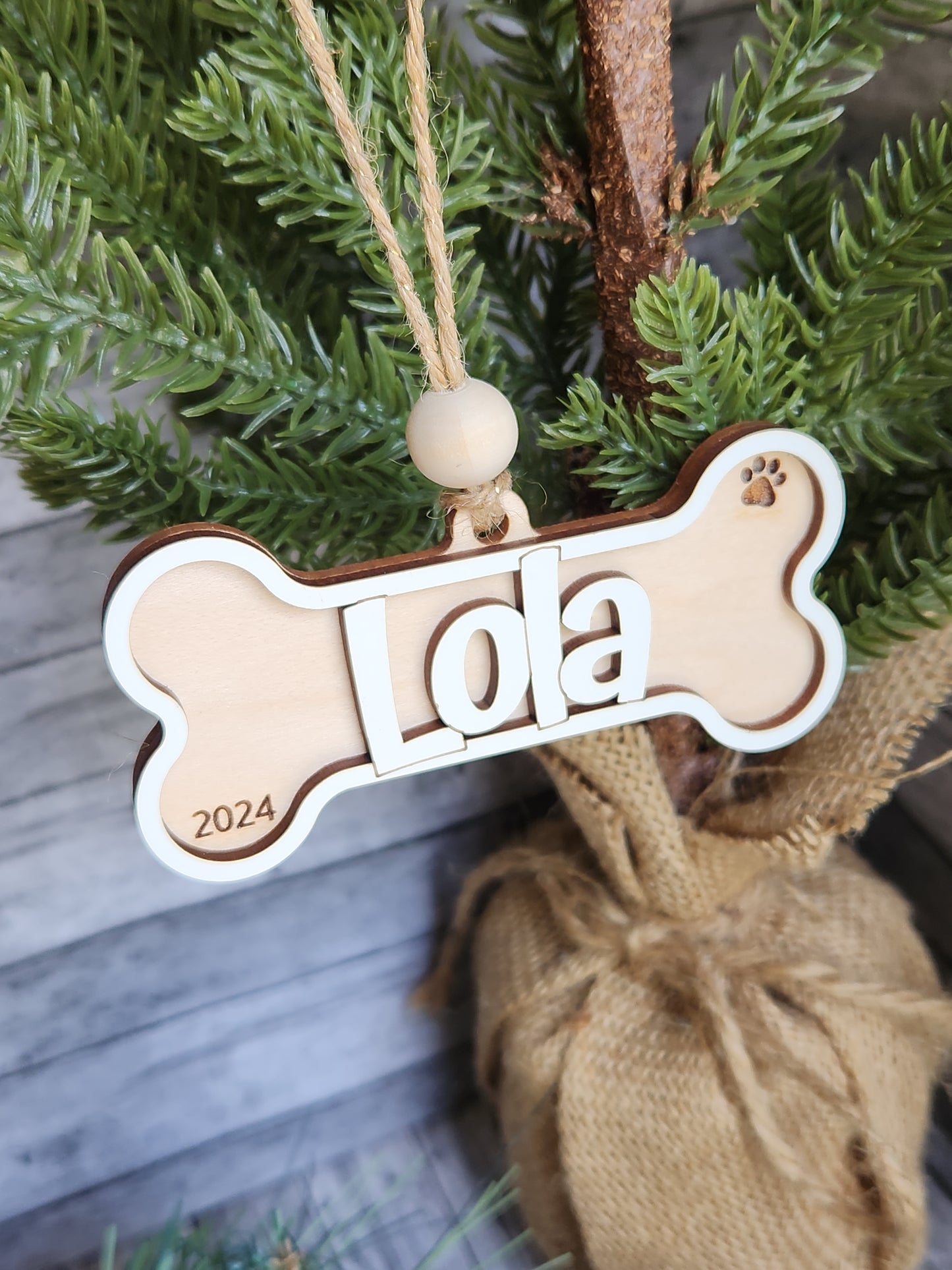 Personalized Dog Bone Christmas Ornament – Custom Pet Name with Year • Wooden Pet Keepsake • Dog Christmas Tree Decoration