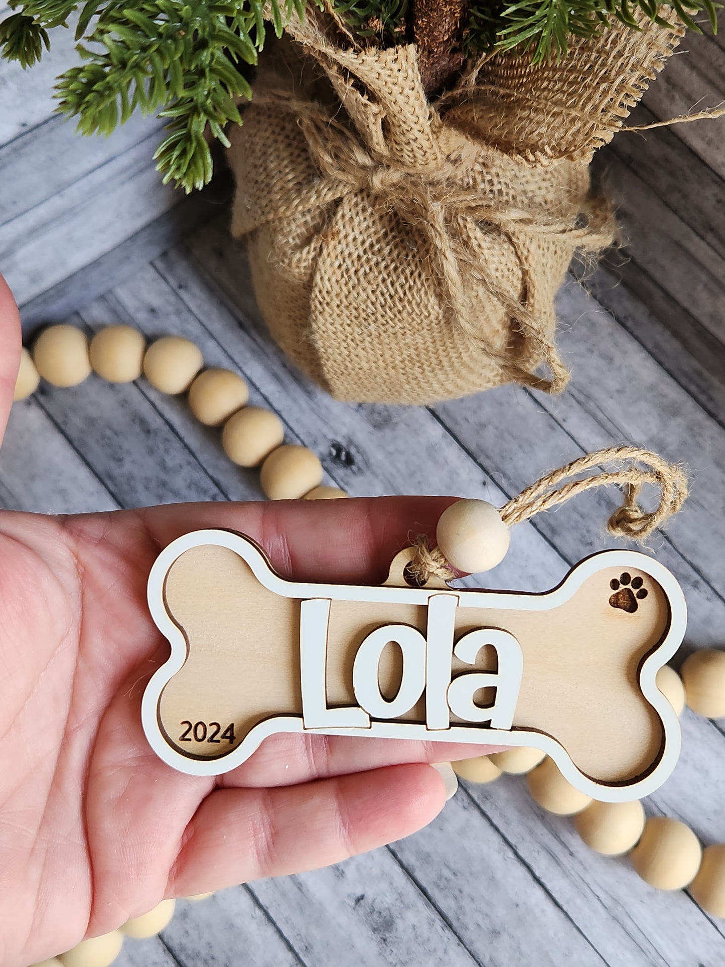 Personalized Dog Bone Christmas Ornament – Custom Pet Name with Year • Wooden Pet Keepsake • Dog Christmas Tree Decoration