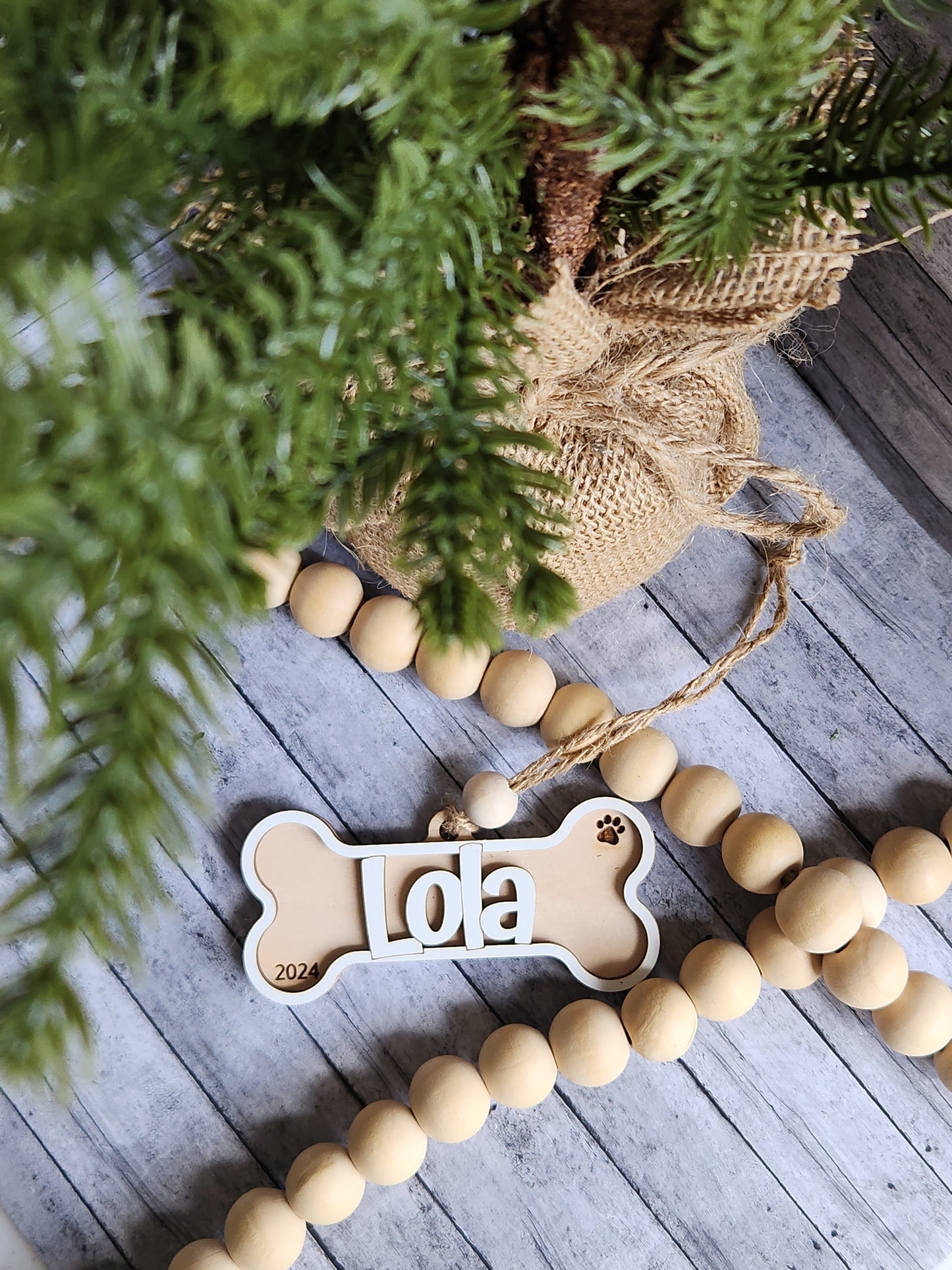 Personalized Dog Bone Christmas Ornament – Custom Pet Name with Year • Wooden Pet Keepsake • Dog Christmas Tree Decoration