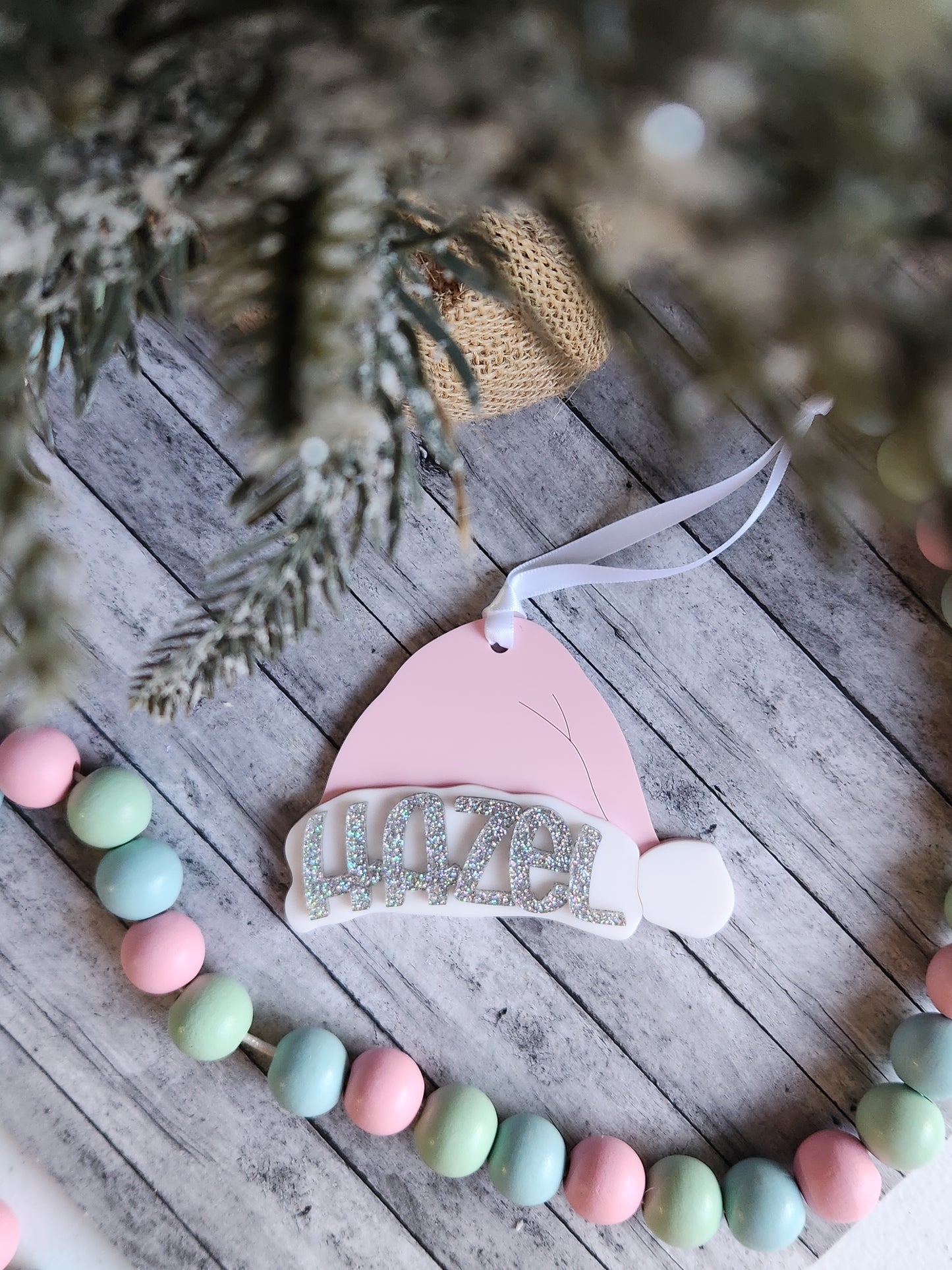 Personalized Santa Hat Christmas Ornament | Custom Name Holiday Gift | Glitter Name Ornament for Kids, Family, Pets
