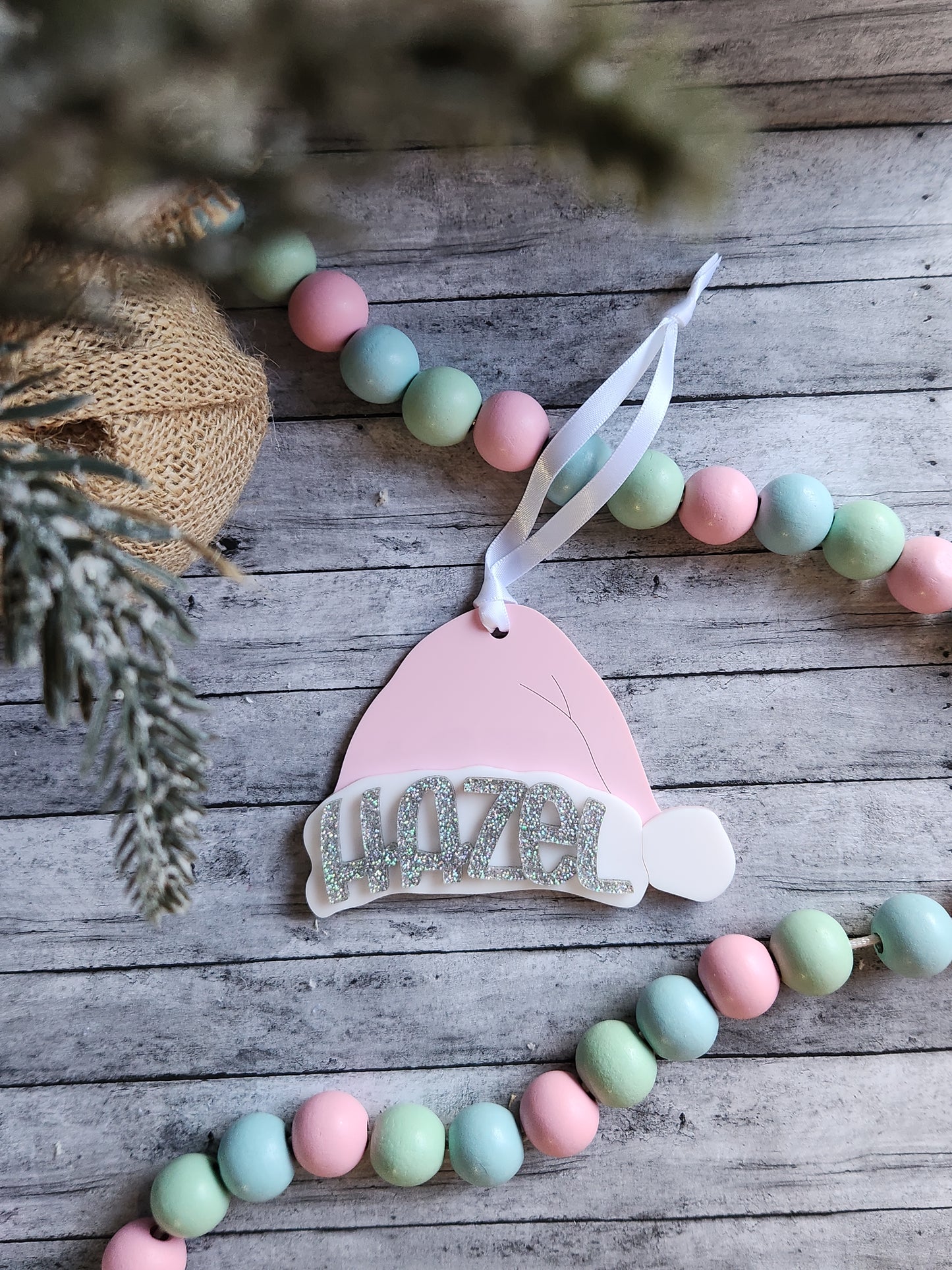 Personalized Santa Hat Christmas Ornament | Custom Name Holiday Gift | Glitter Name Ornament for Kids, Family, Pets