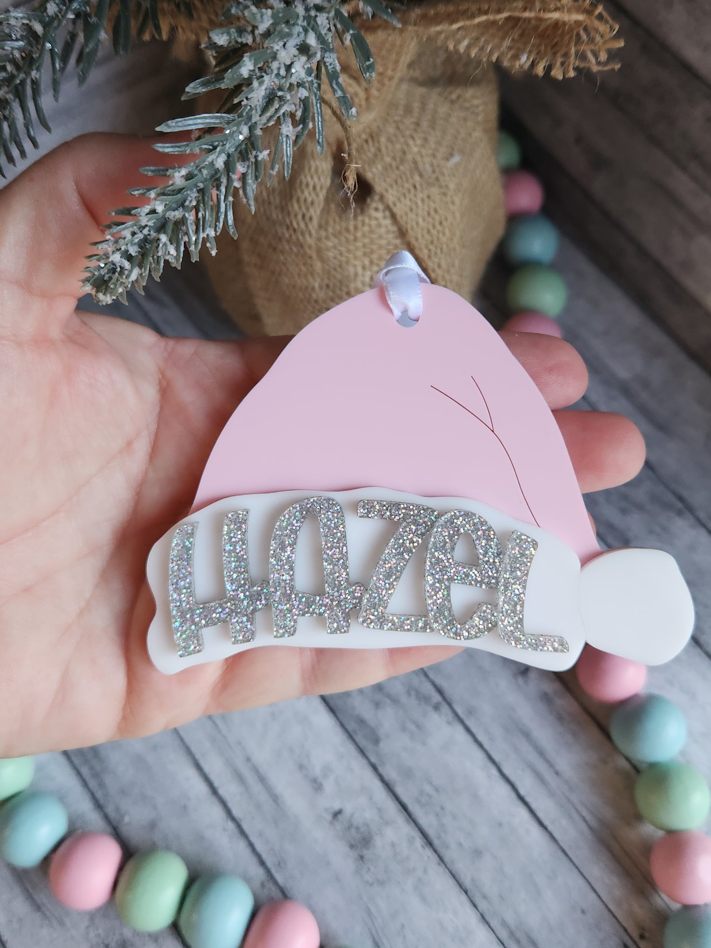 Personalized Santa Hat Christmas Ornament | Custom Name Holiday Gift | Glitter Name Ornament for Kids, Family, Pets