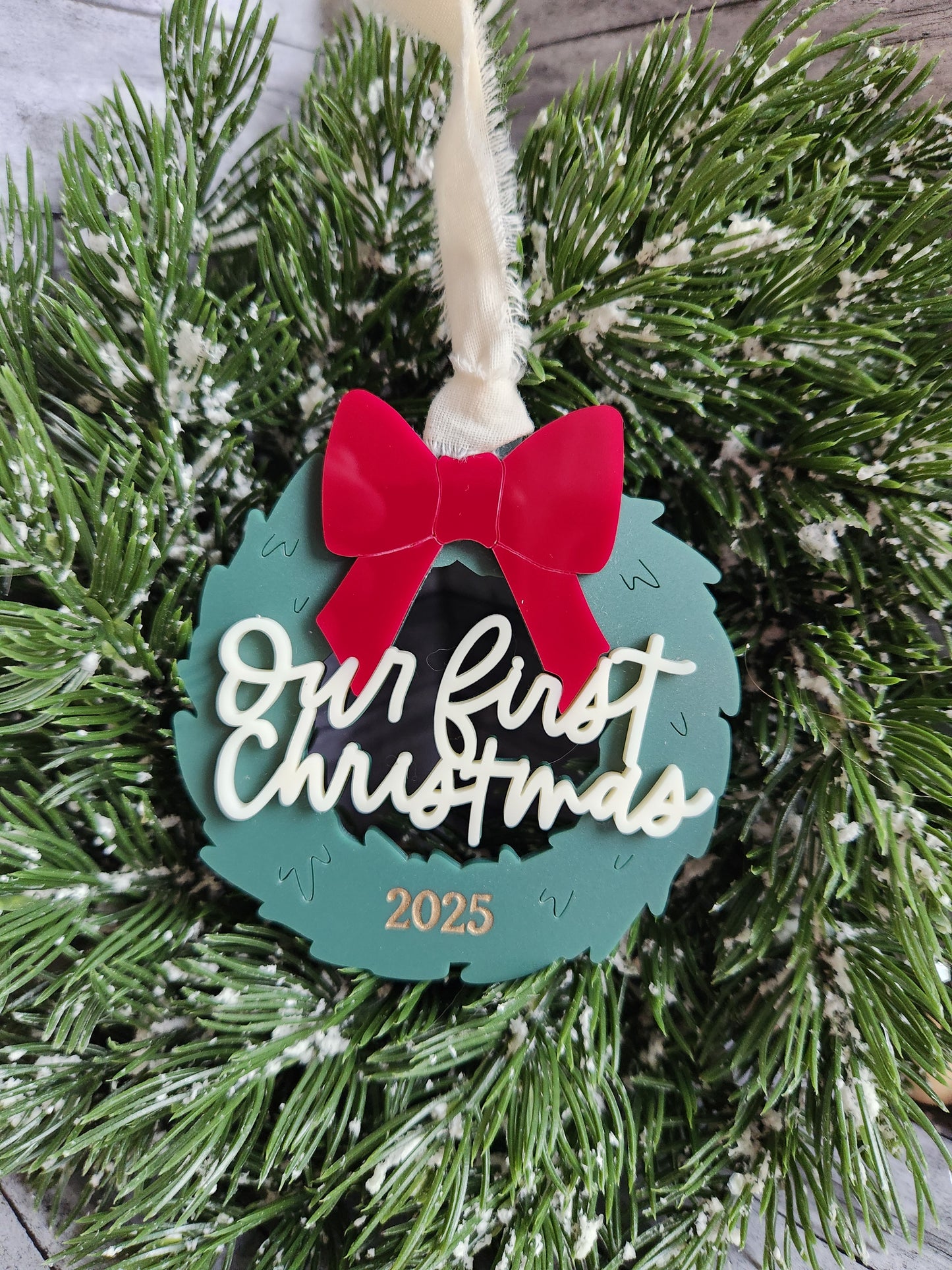 Our First Christmas Ornament 2025 – Personalized Wreath with Red Bow | Acrylic Couples Keepsake