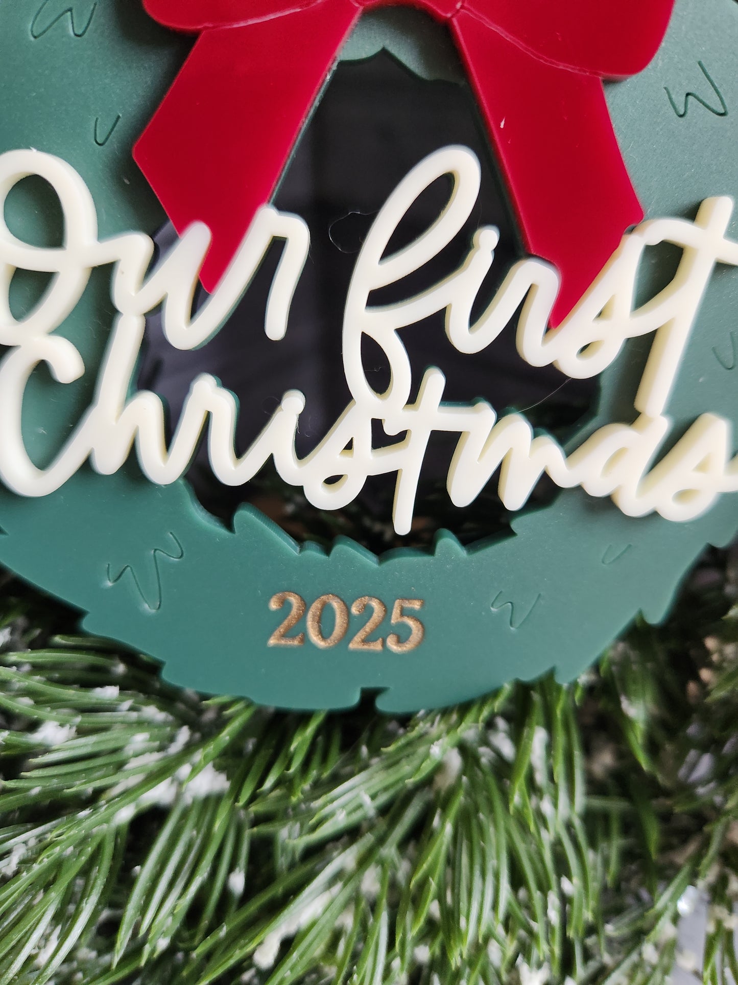 Our First Christmas Ornament 2025 – Personalized Wreath with Red Bow | Acrylic Couples Keepsake