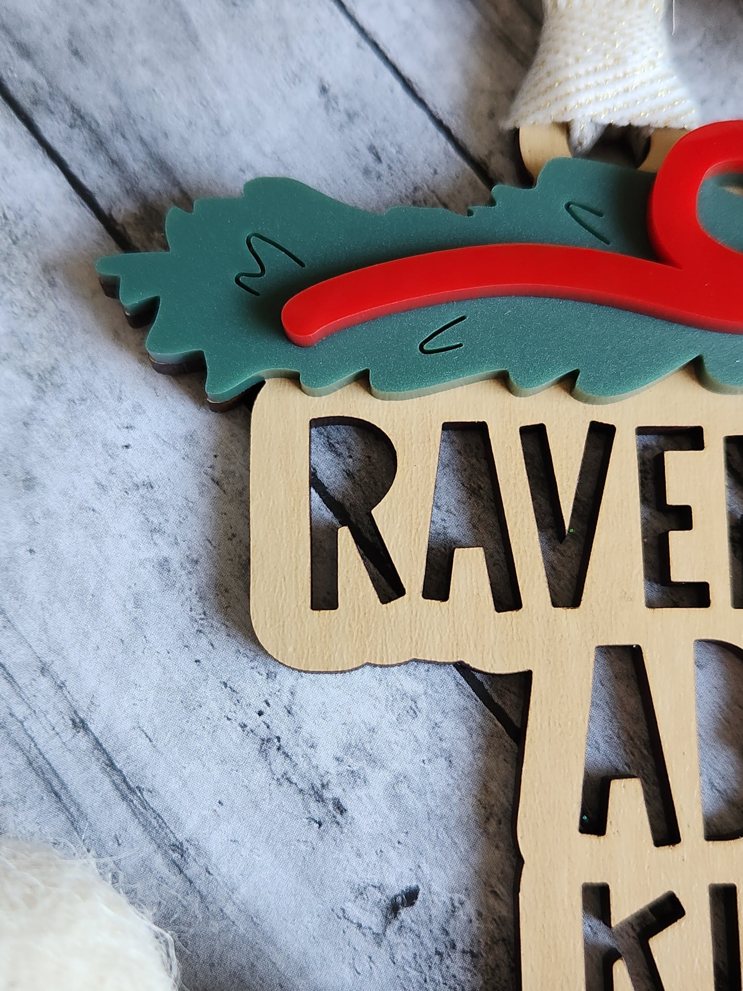 Personalized Stacked Name Ornament – Custom Family Ornament with Bow and Greenery