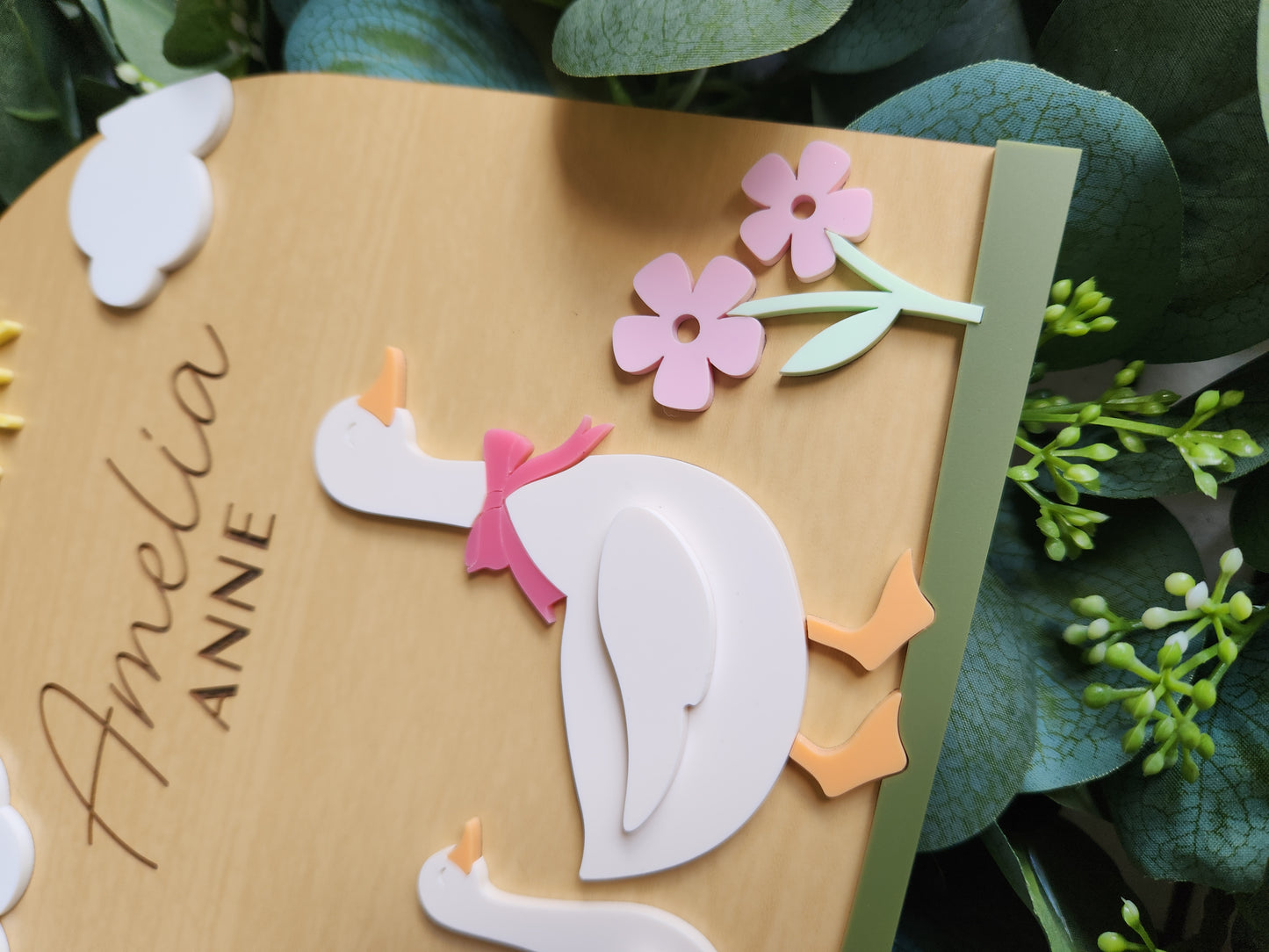 Personalized Goose Nursery Sign – Custom Baby Name Plaque with Bow Color