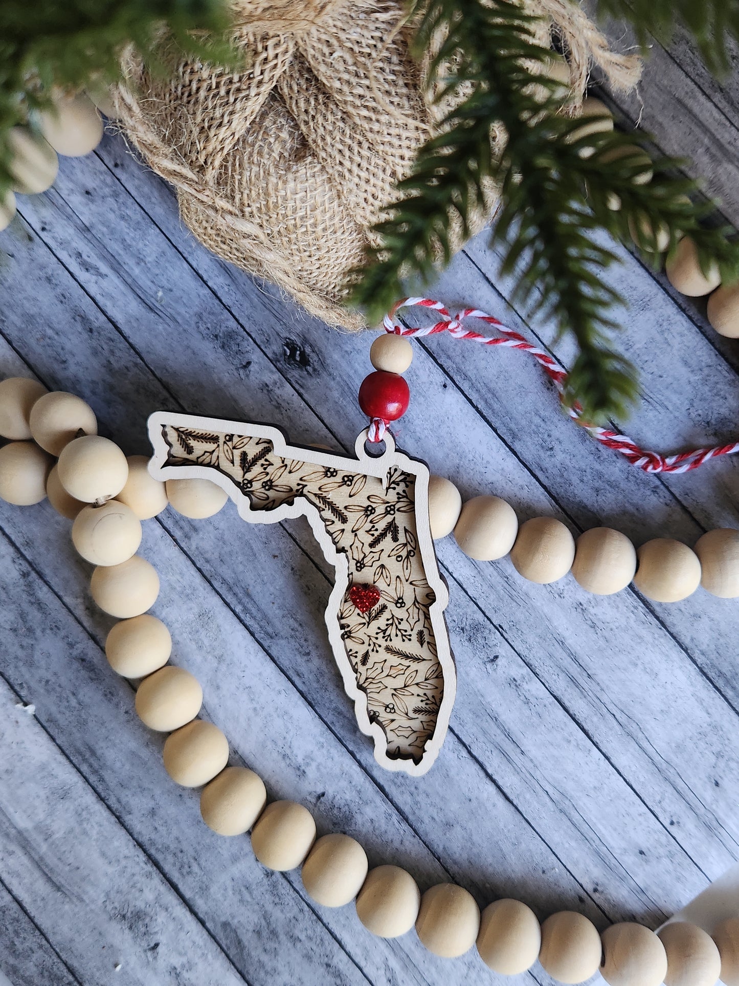 Personalized State Christmas Ornament – Any State with Custom Heart Location • Laser Engraved Wood Holiday Keepsake Gift