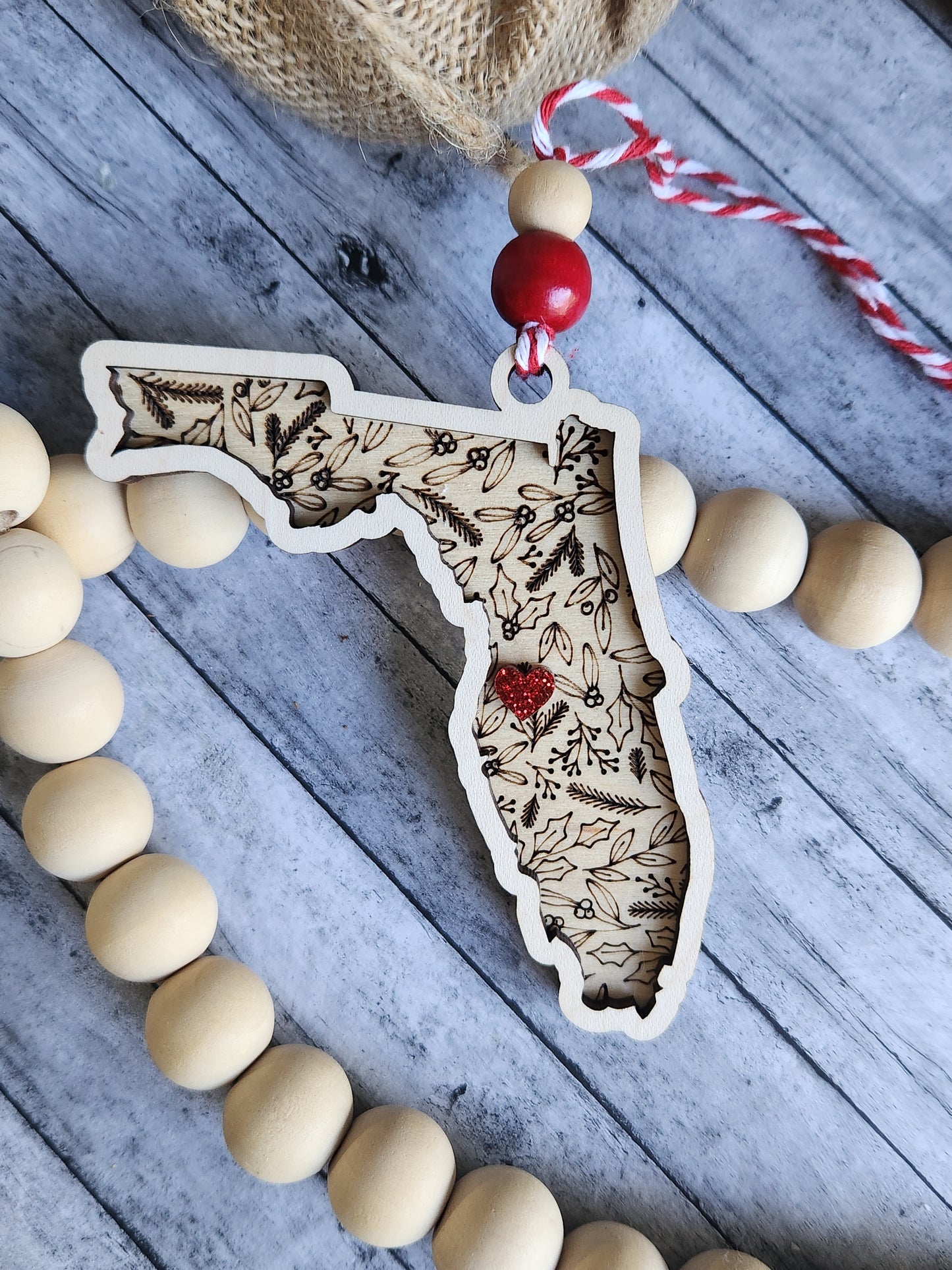 Personalized State Christmas Ornament – Any State with Custom Heart Location • Laser Engraved Wood Holiday Keepsake Gift