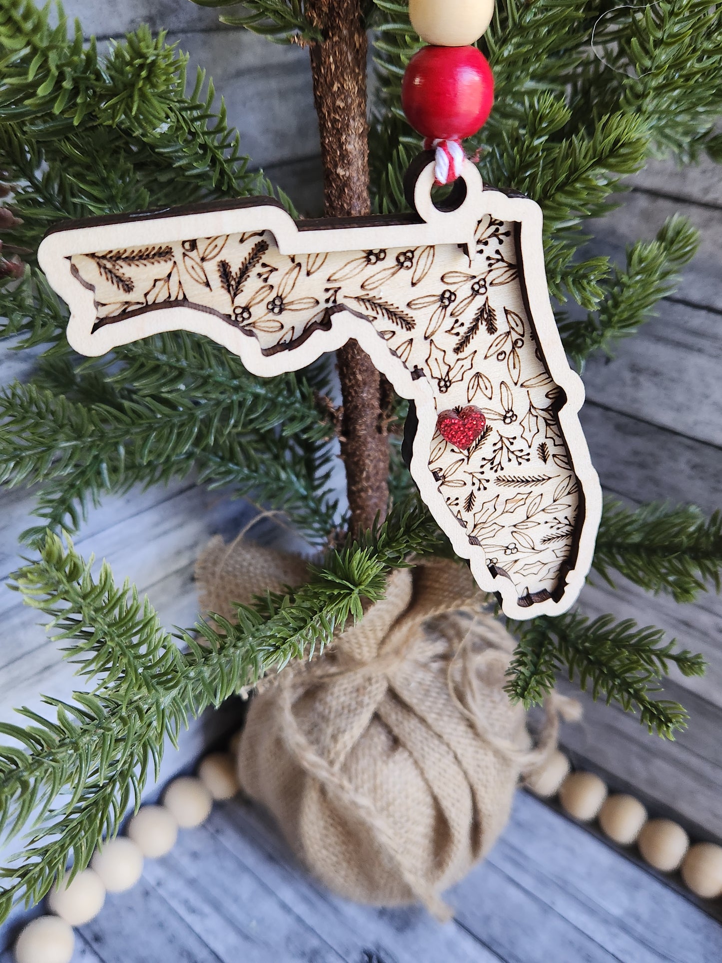 Personalized State Christmas Ornament – Any State with Custom Heart Location • Laser Engraved Wood Holiday Keepsake Gift