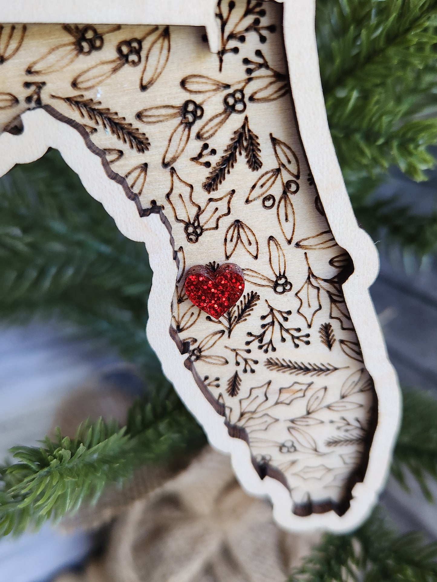 Personalized State Christmas Ornament – Any State with Custom Heart Location • Laser Engraved Wood Holiday Keepsake Gift