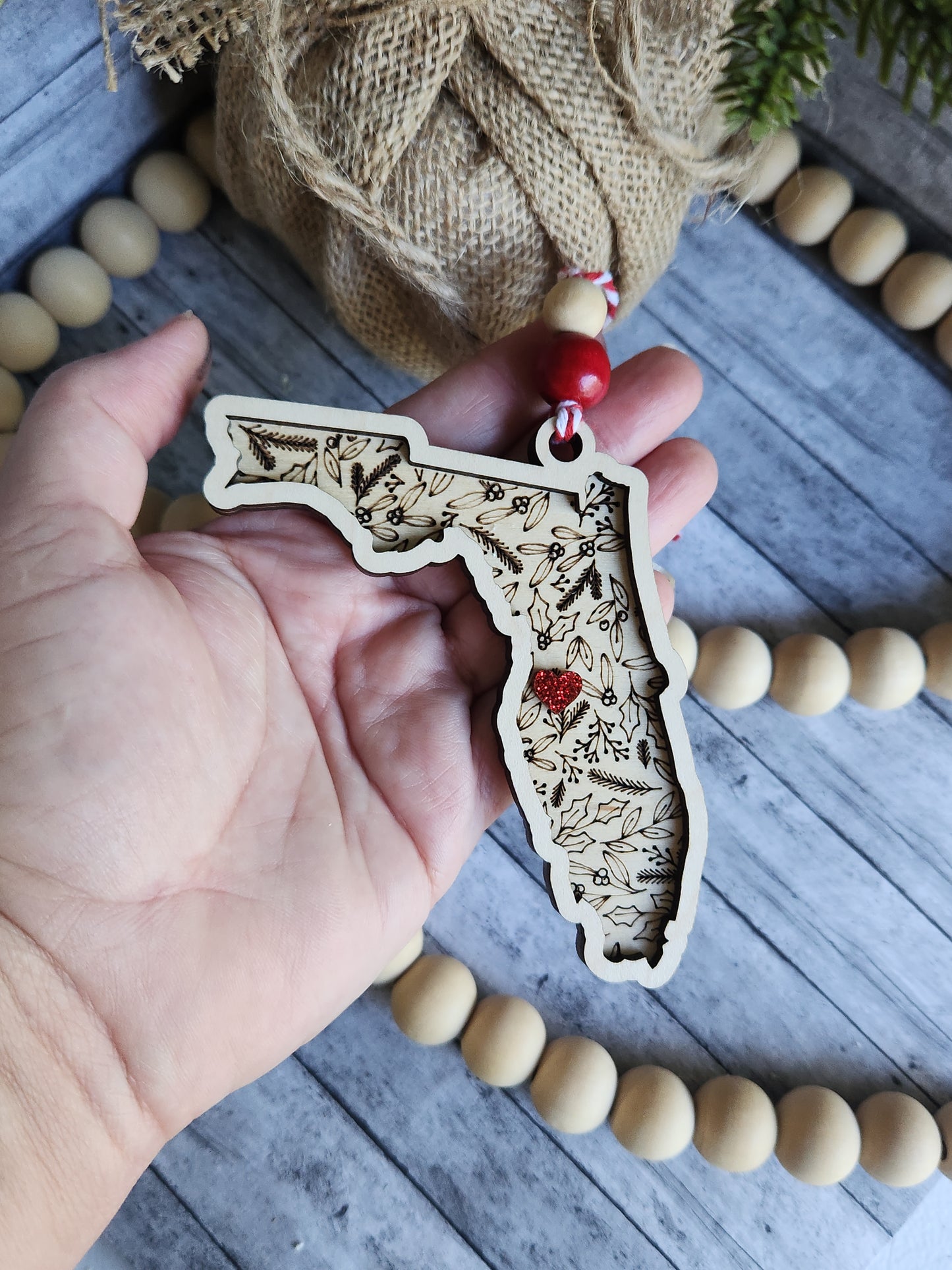 Personalized State Christmas Ornament – Any State with Custom Heart Location • Laser Engraved Wood Holiday Keepsake Gift