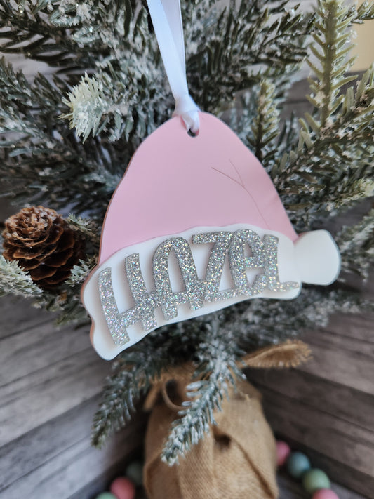 Personalized Santa Hat Christmas Ornament | Custom Name Holiday Gift | Glitter Name Ornament for Kids, Family, Pets