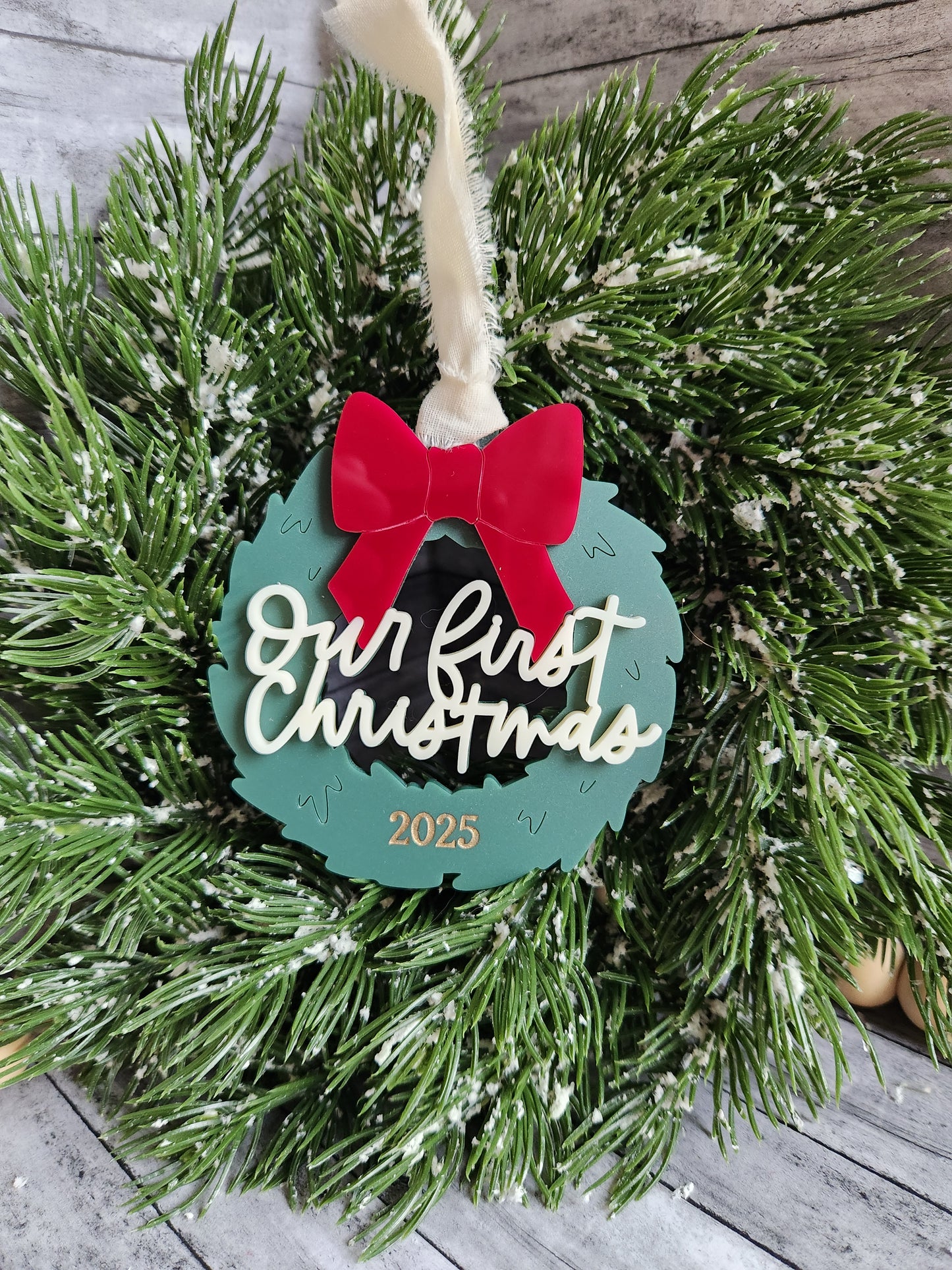 Our First Christmas Ornament 2025 – Personalized Wreath with Red Bow | Acrylic Couples Keepsake
