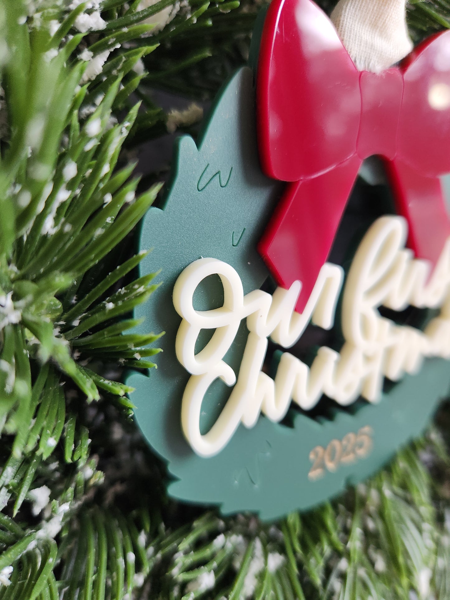 Our First Christmas Ornament 2025 – Personalized Wreath with Red Bow | Acrylic Couples Keepsake
