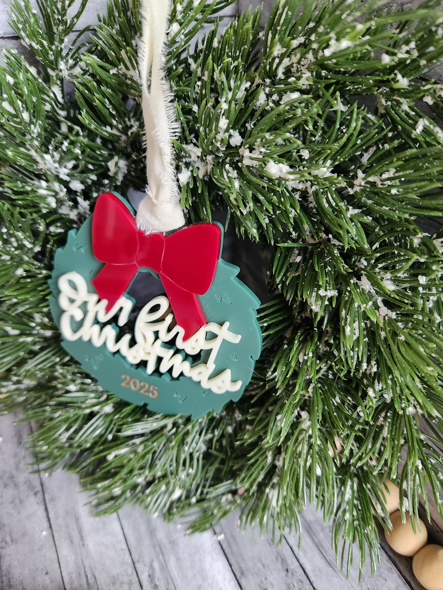 Our First Christmas Ornament 2025 – Personalized Wreath with Red Bow | Acrylic Couples Keepsake
