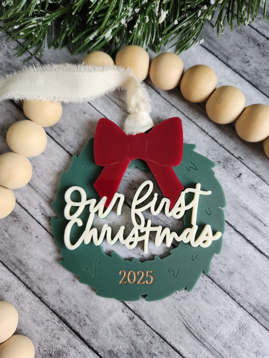 Our First Christmas Ornament 2025 – Personalized Wreath with Red Bow | Acrylic Couples Keepsake