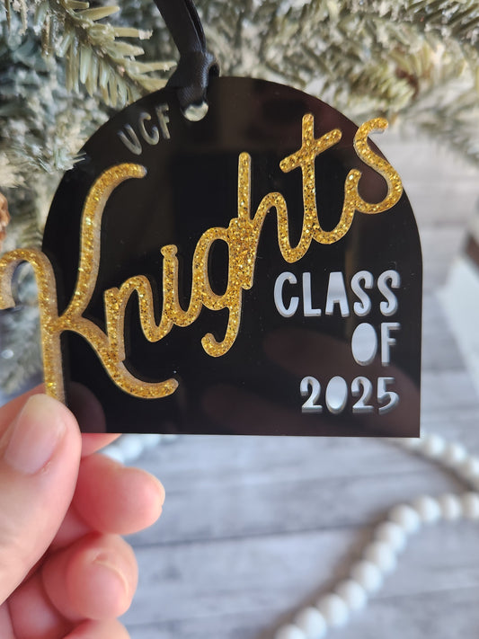 Custom Class of 2025 Graduation Ornament – Personalized School Ornament for UCF, UF, FSU, and More – Glitter Acrylic Keepsake