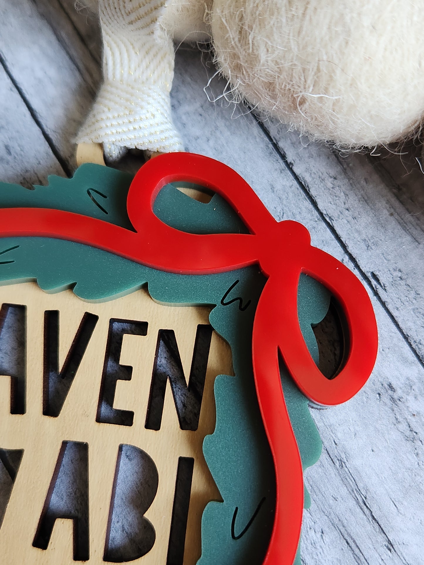 Personalized Stacked Name Ornament – Custom Family Ornament with Bow and Greenery
