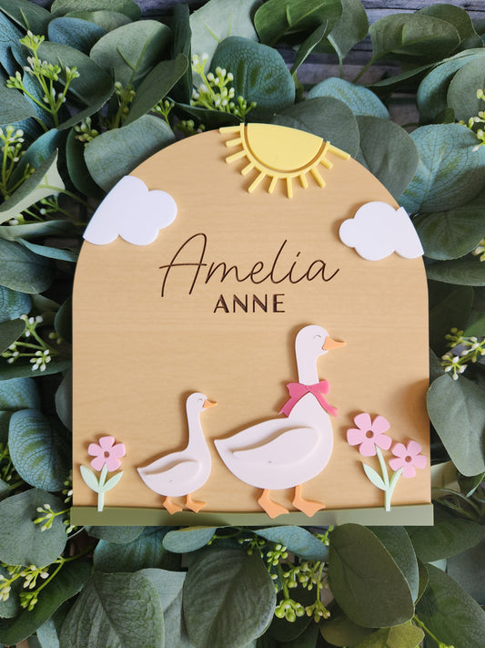 Personalized Goose Nursery Sign – Custom Baby Name Plaque with Bow Color