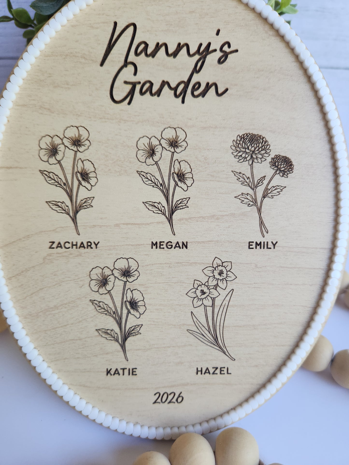 Personalized Garden Wood Plaque - Custom Birth Flower Sign for Grandma - Mother’s Day Gift - Wooden Family Name Sign - 8x6 Small Oval Wall Decor