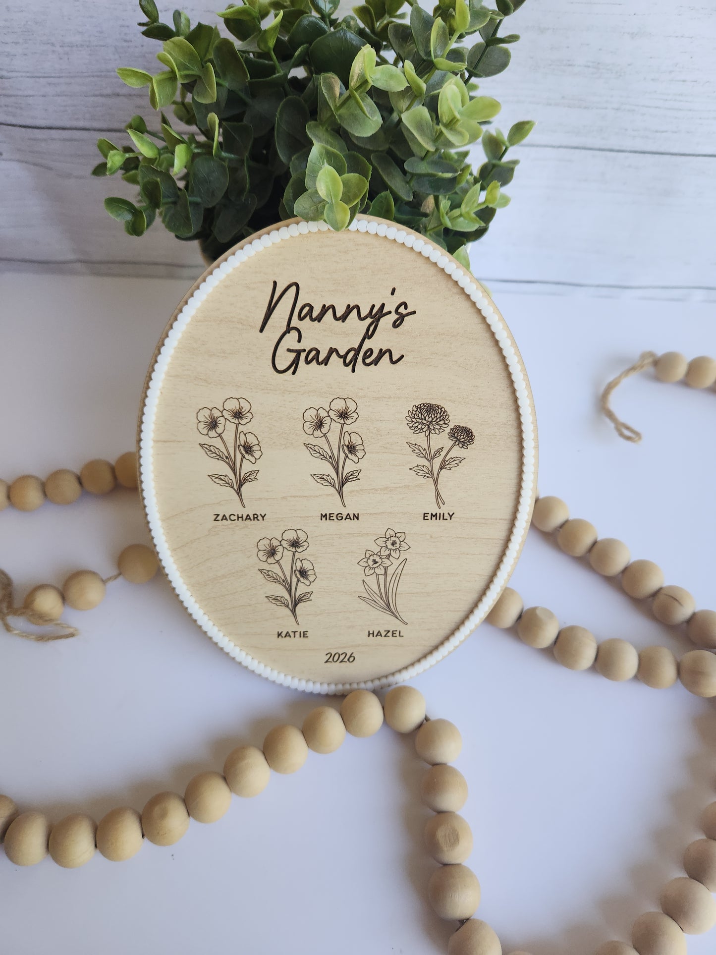 Personalized Garden Wood Plaque - Custom Birth Flower Sign for Grandma - Mother’s Day Gift - Wooden Family Name Sign - 8x6 Small Oval Wall Decor