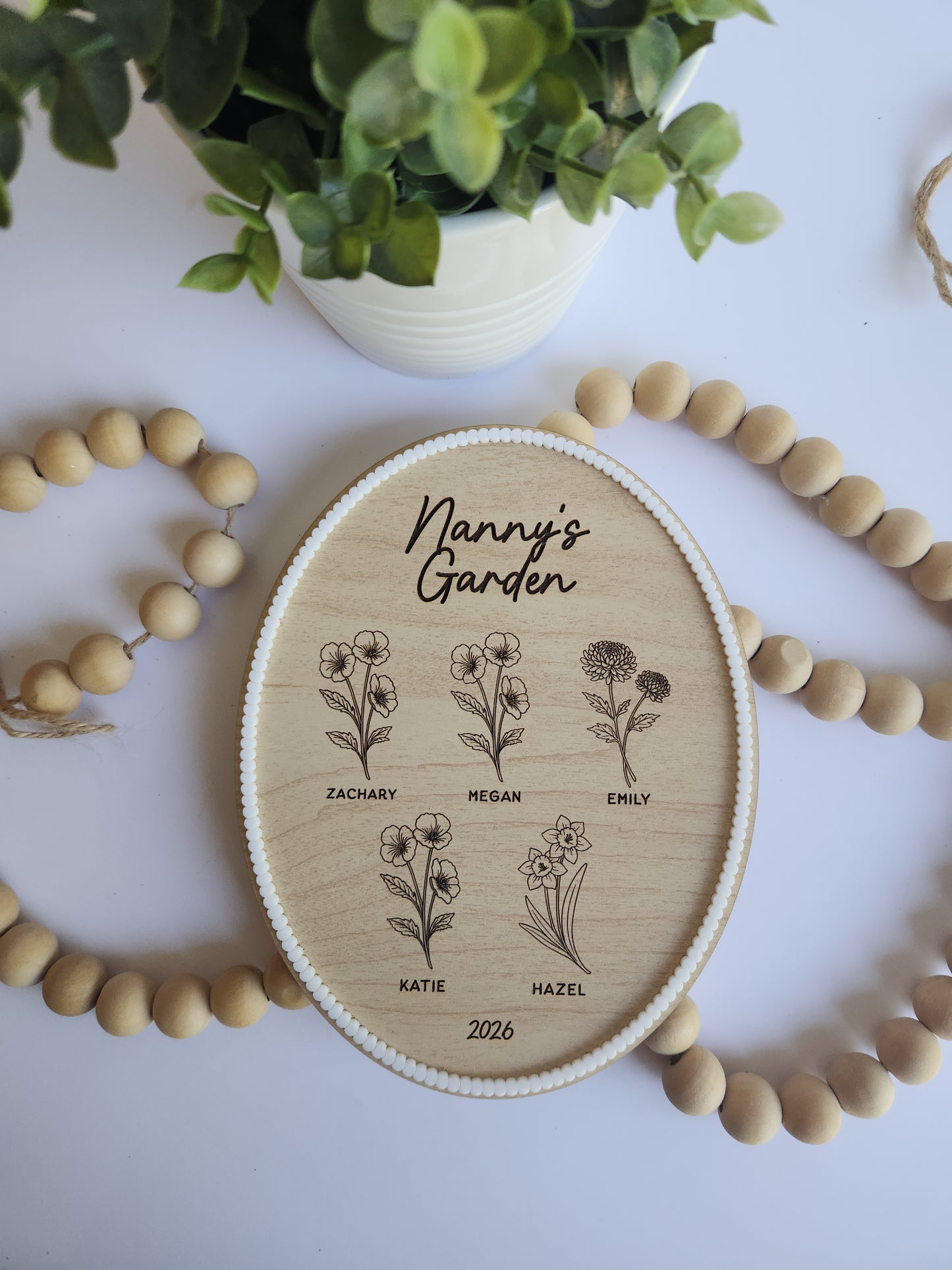 Personalized Garden Wood Plaque - Custom Birth Flower Sign for Grandma - Mother’s Day Gift - Wooden Family Name Sign - 8x6 Small Oval Wall Decor