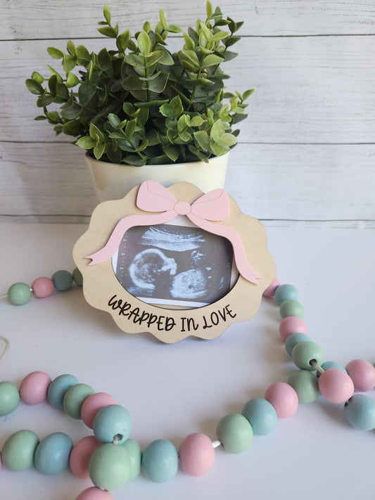 Custom Ultrasound Picture Frame - Wrapped in Love Sonogram Holder - Pregnancy Announcement Sign - Personalized Baby Due Date Reveal - Scalloped Wooden Keepsake
