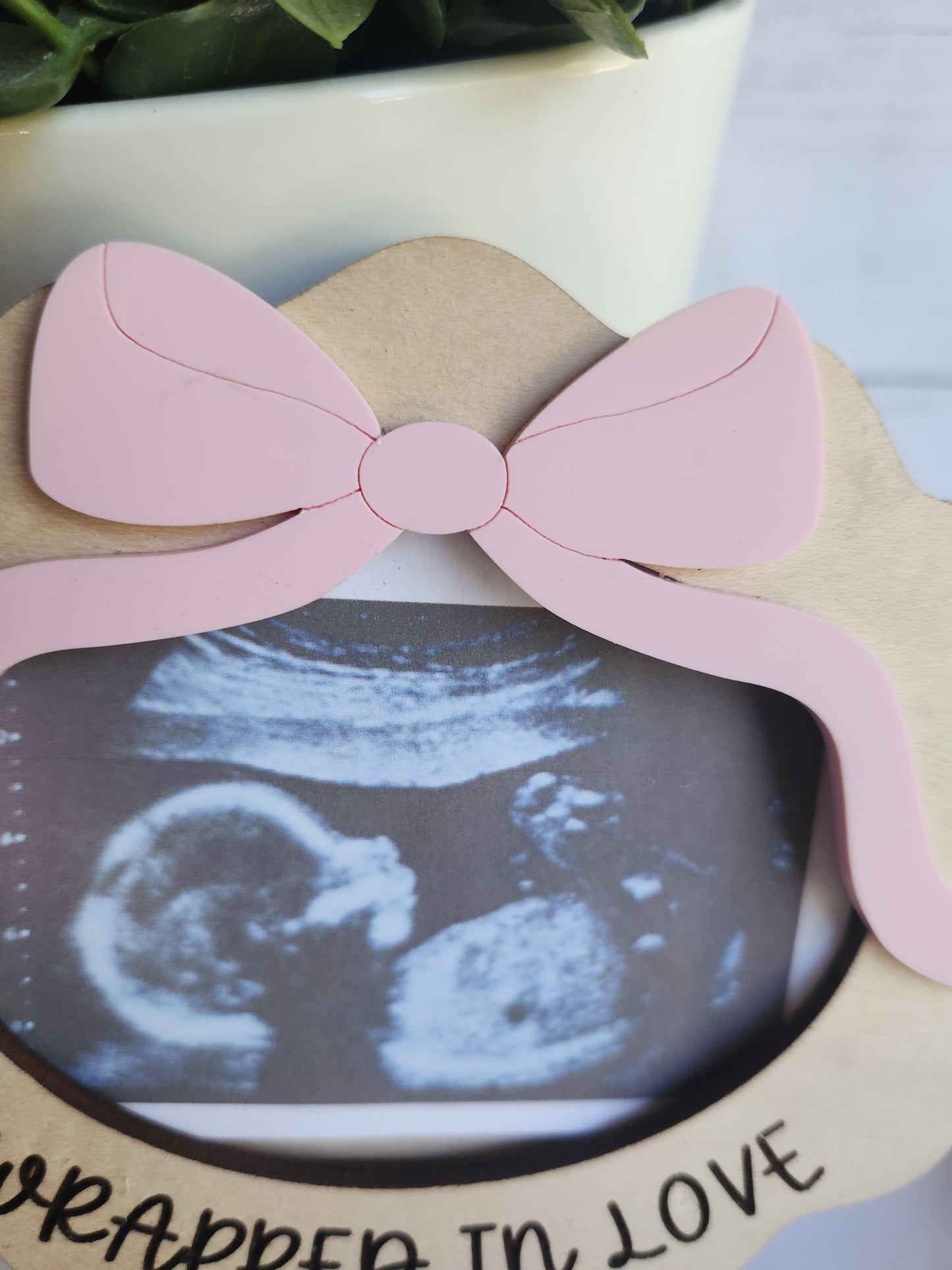 Custom Ultrasound Picture Frame - Wrapped in Love Sonogram Holder - Pregnancy Announcement Sign - Personalized Baby Due Date Reveal - Scalloped Wooden Keepsake