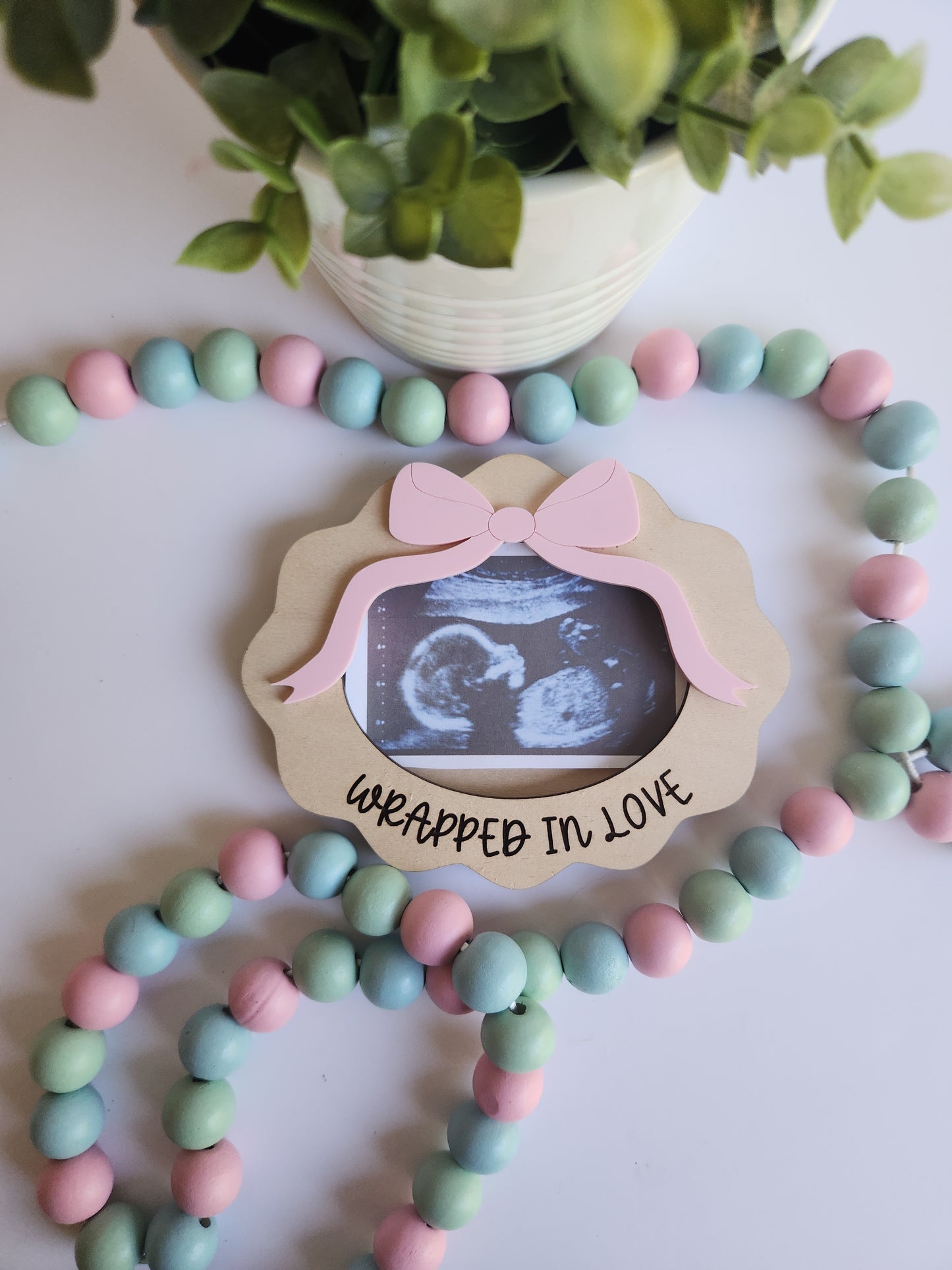 Custom Ultrasound Picture Frame - Wrapped in Love Sonogram Holder - Pregnancy Announcement Sign - Personalized Baby Due Date Reveal - Scalloped Wooden Keepsake