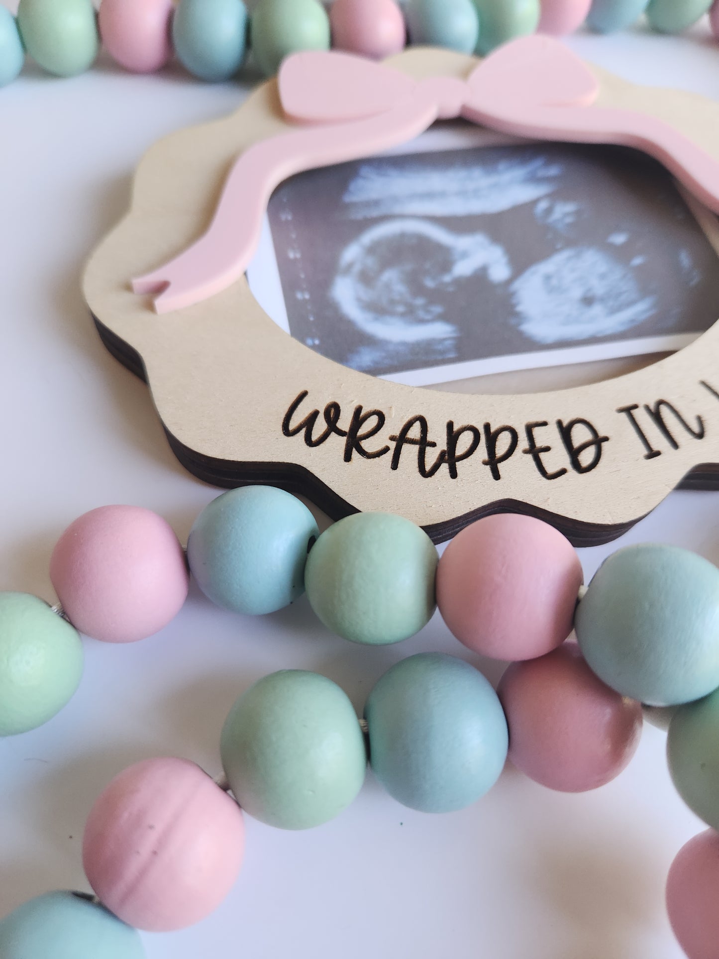 Custom Ultrasound Picture Frame - Wrapped in Love Sonogram Holder - Pregnancy Announcement Sign - Personalized Baby Due Date Reveal - Scalloped Wooden Keepsake